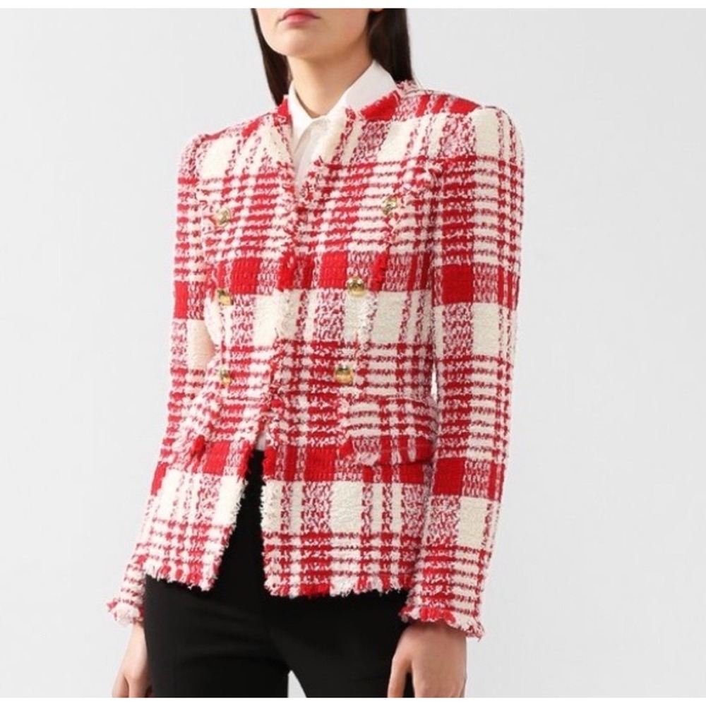 Escada Blazer Jacket Plaid Lacquer Tweed Wool Blend Red Cream Size 44 Large